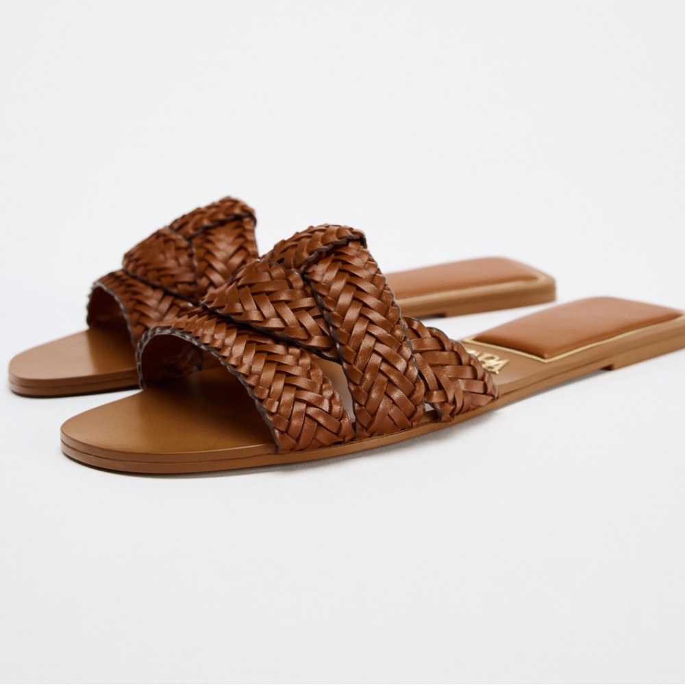 Zara leather woven slides sandals 41 new tan camel